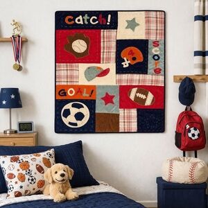 NOJO Kids Sports Patchwork Wall Art Colorful Playroom Quilt Throw Panel #0310262